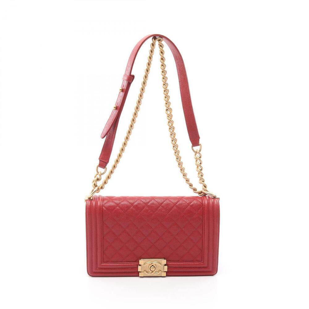 Chanel Boy Shoulder Bag Leather Grained Calfskin Red